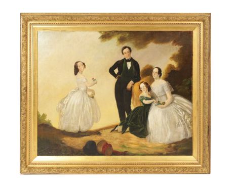 EARLY 19TH CENTURY OIL ON CANVAS - FAMILY PORTRAIT GROUP Depicted seated and standing with two daughters, one holding a flowe