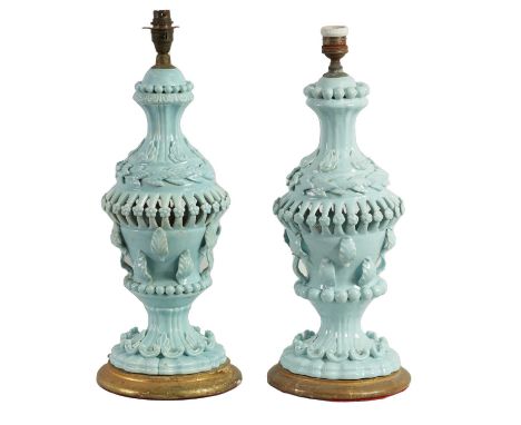 A PAIR OF MID 20TH CENTURY CASA PUPO CERAMIC TABLE LAMPS of bulbous pierced form with applied leafwork decoration53cm high ov