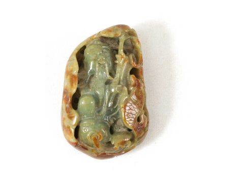 A CHINESE RUSSET JADE CARVED AND PIERCED SCULPTURE modelled as a Sage with fish9cm high 
