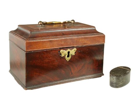 A GEORGE III MAHOGANY TEA CADDY with banded top and folding gilt brass handle - interior fittings removed. Together with A 19