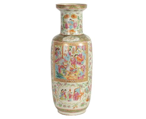 A LARGE 19TH CENTURY CHINESE CANTON FAMILLE ROSE PORCELAIN VASE of baluster form, the body decorated with figural scenic pane