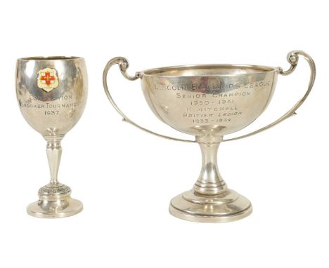 A GEORGE V SILVER PRESENTATION TROPHY CUP &amp; A SIMILAR SMALL SILVER CUP the larger of two handled pedestal form engraved f