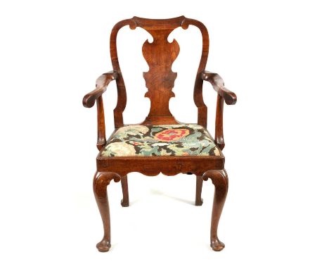 A FINE 18TH CENTURY TAPESTRY UPHOLSTERED WALNUT OPEN ARMCHAIR with shaped back and vase shaped centre splat, sweeping arms an