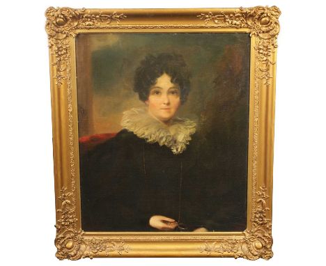 CIRCLE OF SIR THOMAS LAWRENCE - LATE 18TH CENTURY HALF LENGTH PORTRAIT OF A YOUNG LADY Depicted in a black dress with a white