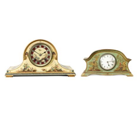 TWO EARLY 19TH CENTURY CHINOISERIE DECORATED MANTEL CLOCKS comprising a cream ground Nepolean hat example with Art Deco chapt