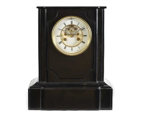 A 19TH CENTURY BLACK SLATE MANTEL CLOCK with visible escapement fronting an eight-day spring driven striking movement.38cm hi