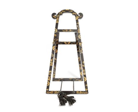 A LATE EDO PERIOD JAPANESE LACQUERED FOLDING MIRROR STAND of easel form with scrolled top and decorated with gold foliage and