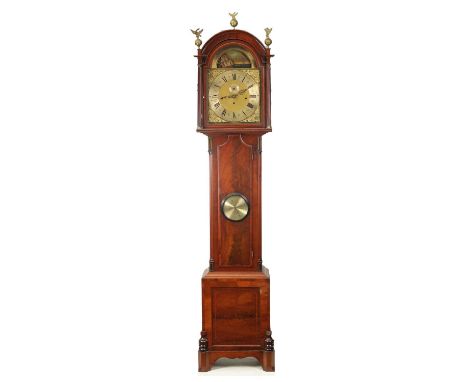 SAMUEL THOMAS, HALBURTON. A GEORGE III QUARTER CHIMING LONGCASE CLOCK WITH BAROMETER having a break arch moulded top above a 