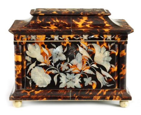 A FINE 19TH CENTURY MOTHER OF PEARL INLAID TORTOISESHELL TEA CADDY with pagoda-shaped hinged lid above a Mother of Pearl flor