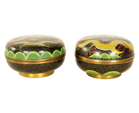 TWO 19TH CENTURY CHINESE CLOISONNÉ ENAMEL BOWLS AND COVERS brightly decorated with dragonsboth 12cm diameter 7.5cm high There