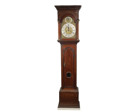 GABRIEL SMITH, NANTWICH. A GEORGE II EIGHT-DAY LONGCASE CLOCK WITH PENNY MOON the crossbanded oak case having a breakfront mo