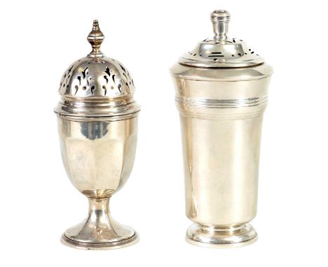 A GEORGE VI SILVER SUGAR CASTER OF ART DECO DESIGN of plain tapering footed form with ribbed upper body beneath a pierced lid