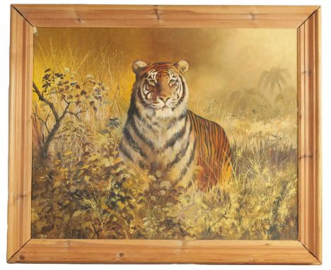 20TH CENTURY OIL ON CANVAS Animal portrait of a Bengal tiger amongst grasses and shrubs. Bears signature. Moulded pine frame.