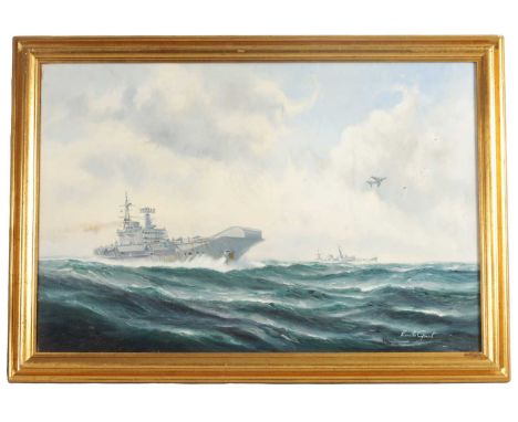 KENNETH L. GRANT BORN 1938 OIL ON CANVAS Seascape with 'The Destroyer' aircraft carrier from the Falklands War fleet. Signed.