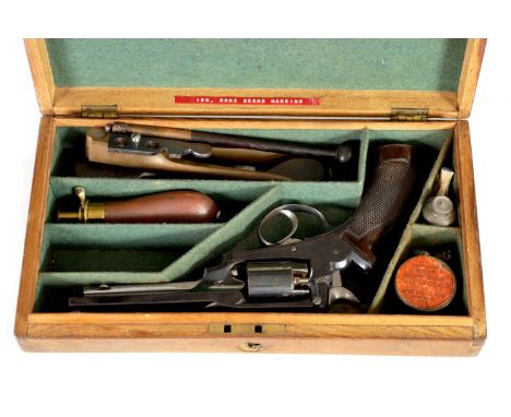 A 19TH CENTURY CASED FIVE-SHOT 120 BORE REVOLVER BY DEAN AND SON, LONDON BRIDGE with blued octagonal sighted take-down barrel