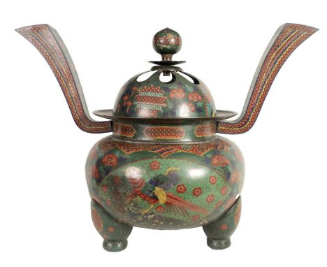 AN OVERSIZED 19TH CENTURY JAPANESE CLOISONNE KORO raised on three bulbous legs fitted a domed cover with ball finial and larg