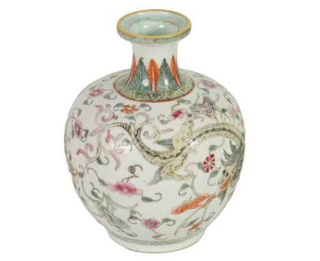 A 19TH CENTURY CHINESE FAMILLE ROSE SHOULDERED VASE the body decorated in coloured enamels with cavorting dragons amidst foli