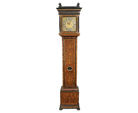 DANIEL LE COUNT, LONDON. A LATE 17TH CENTURY WALNUT AND PANELLED MARQUETRY MONTH GOING LONGCASE CLOCK the 11" square brass di