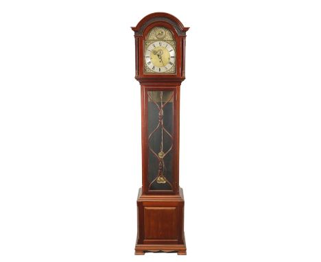 A SMALL EARLY 20TH CENTURY TUBE CHIMING MUSICAL LONGCASE CLOCK the mahogany arched top case with astral glazed door enclosing