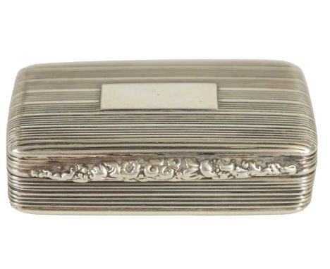 A WILLIAM IV SILVER AND SILVER GILT SNUFF BOX of rectangular form with reeded decoration, the lid with vacant cartouche and f