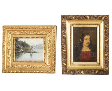 TWO 19TH CENTURY OIL PAINTINGS. Portrait of a girl in red dress, oil on board, and a oil on wooden panel of fishing on a lake