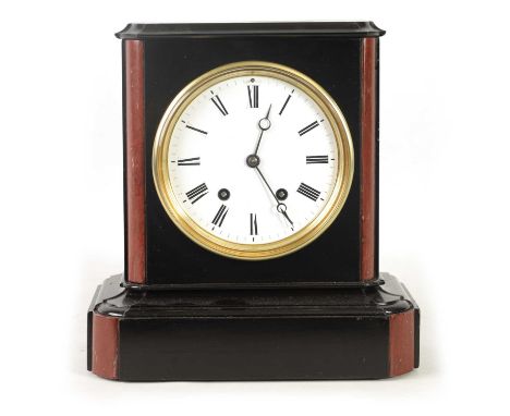 A LATE 19TH CENTURY FRENCH BLACK SLATE AND MARBLE MANTEL CLOCK the moulded case with marble corners enclosing a 6" enamel dia