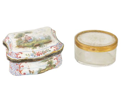 AN 18TH CENTURY ENAMEL SNUFF BOX AND A 19TH CENTURY FRENCH TRINKET BOX the shaped enamel box with hinged lid decorated with a