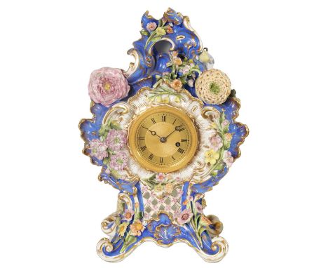 A 19TH CENTURY PORCELAIN CASED ENGLISH SINGLE FUSEE MANTEL CLOCK the colourful florally encrusted rococo case enclosing a 3.7