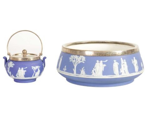 A WEDGWOOD JASPERWARE SALAD BOWL AND PRESERVE BOWL both with nickel mounted rims, impressed marks to undersideSalad bowl 24cm