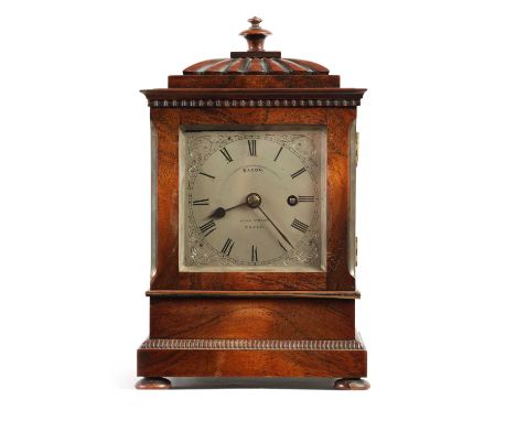 BACON KING STREET, DOVER. A LATE REGENCY ROSEWOOD CHAMFER TOP FUSEE TIMEPIECE MANTEL CLOCK with gadrooned chamfered top above