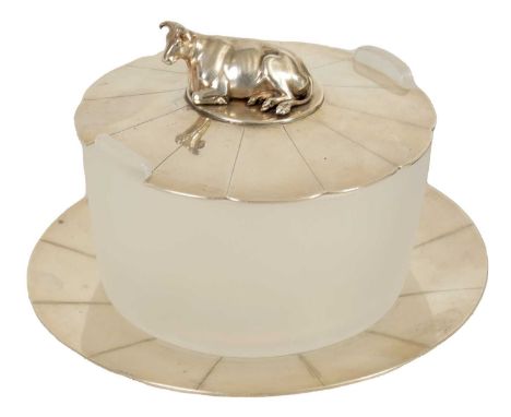 A WILLIAM IV SILVER AND FROSTED GLASS BUTTER DISH, COVER AND STAND OF LARGE SIZE the scollop edged lid with engraved panels a