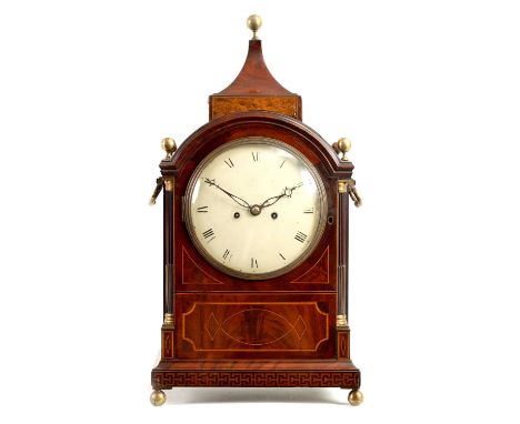 JOHN THWAITES, LONDON. A REGENCY INLAID FIGURED MAHOGANY BRACKET CLOCK the pagoda top case with five brass ball finials above