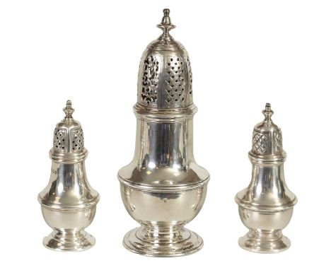 A GEORGE II SILVER SUGAR CASTER AND PAIR OF LATER SILVER PEPPERETTES The Sugar of plain ribbed baluster footed form with fine