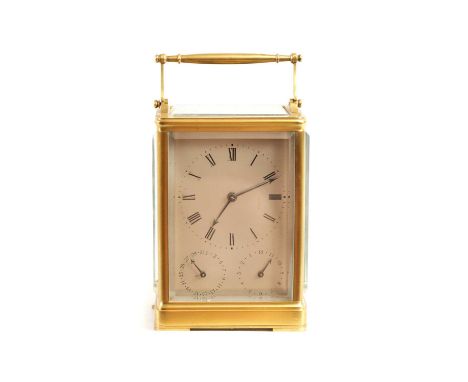 BERROLLA, A PARIS. A MID 19TH CENTURY GILT BRASS QUARTER STRIKING CARRIAGE CLOCK WITH CALENDAR with turned hinged handle and 