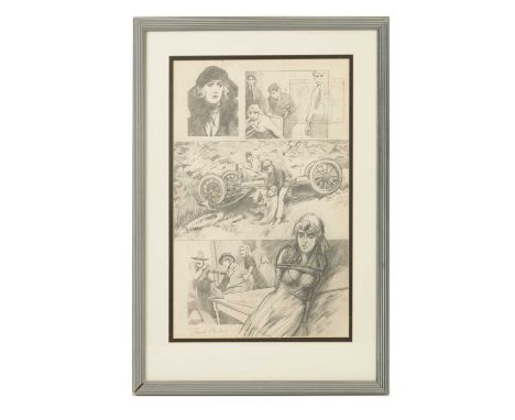 FRANK MARTIN (BRITISH 1921-2005) ORIGINAL PENCIL SKETCH titled The Perils of Pauline, signed lower left - mounted in glazed g
