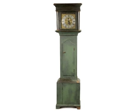 SAMUAL OGDEN, BENWELL. AN EARLY 18TH CENTURY 30-HOUR LONGCASE CLOCK the painted pine case enclosing a 10" brass dial with cro