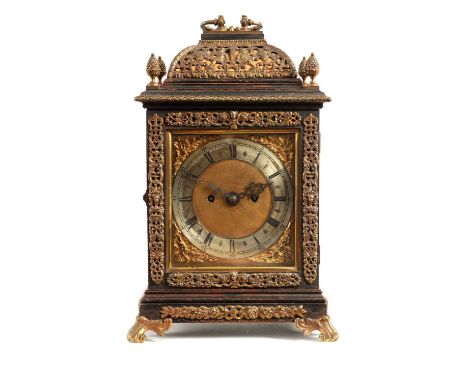 A LATE 19TH CENTURY EBONISED BASKET TOP BRACKET CLOCK in the William and Mary style fitted pierced gilt brass basket top with