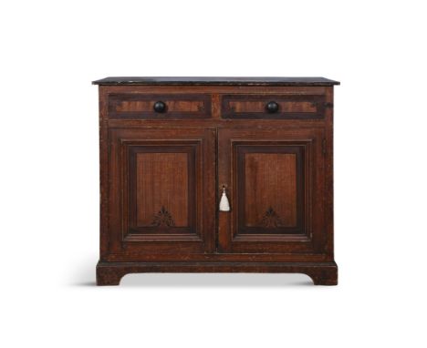 A 19TH CENTURY 'SCUMBLE' PAINTED PINE CUPBOARD,the rectangular top above two drawers with simulated inlay decoration and two 