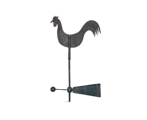 A 19TH CENTURY CAST-IRON FRAME AND TIN WEATHER VANE, in the form of a cockrel. 108cm high, 65cm wide