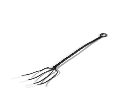 A WROUGHT IRON PRONG TOASTING FORK the four prongs entwining to form a spiral twist handle. 45cm long 