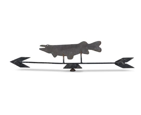 A WROUGHT IRON WIND VANEwith wrought iron arrow and copper flat pike fish, 114cm wide