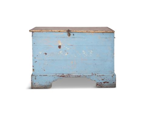 A 19TH CENTURY PAINTED BLANKET CHEST,the hinged rectangular three panel top with original forged iron furniture above slatted