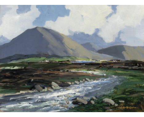 GEORGE K GILLESPIE (1924 - 1995)  'The Burn', near Glenties, Co. Donegal  Oil on board, 30 x 40cm (11¾ x 15¾")  Signed; inscr