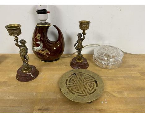 A mixed lot including two cast metal candle holders the bodies in the form of Satyr's on stone bases each measures 16cm high 