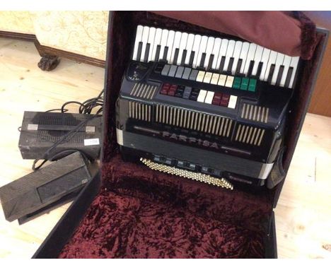 One Farfisa electronic accordion in original travelling case which measures 30cm x 59cm 53cm