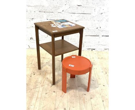 A Mid century teak lamp table (Top A/F) (H61cm) together with a small moulded polyurethane stacking table with detachable leg