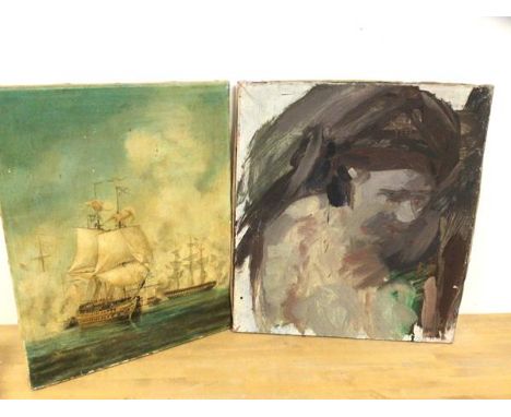 20thc School, Naval Battle, Oil, measures 46cm x 35cm and another portrait sketch, oil, (2)