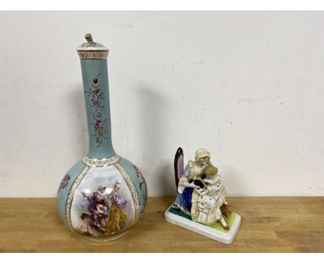 A 19thc ink well part glazed in the form of mother reading to child and flask with four panels, two with couples, inscribed S