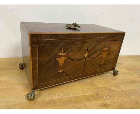 An 18thc and later tea caddy, the interior with three divisions, neoclassical inlay to front likely later and later feet meas
