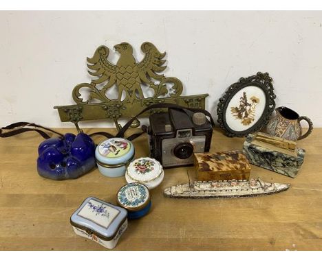 A mixed lot including a Kodak brownie holiday camera, a studio pottery table ornament of naturalistic form with multiple aper